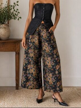 Anthro Somerset Cropped Jacquard Pants Floral Wide Leg Boho Relaxed Fit M